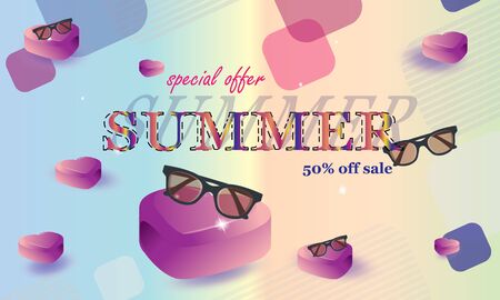 Summer sale banner with elements of old eyeglasses and hearts. Vector Illustrations - Vector Imagesのイラスト素材