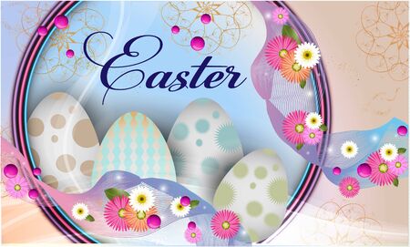 Easter  banner background template with beautiful colorful spring flowers and eggs.のイラスト素材