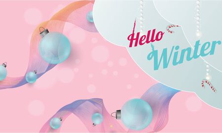 Hello Winter design background with Christmas balls toys. vector illustration.のイラスト素材