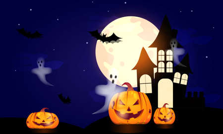 Happy halloween pumpkin with haunted house. Can be used for shopping sale, banner, invitation, website or greeting card. Vector illustrationのイラスト素材