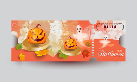 Halloween promotion voucher banner or party invitation background with fun pumpkin facesの写真素材