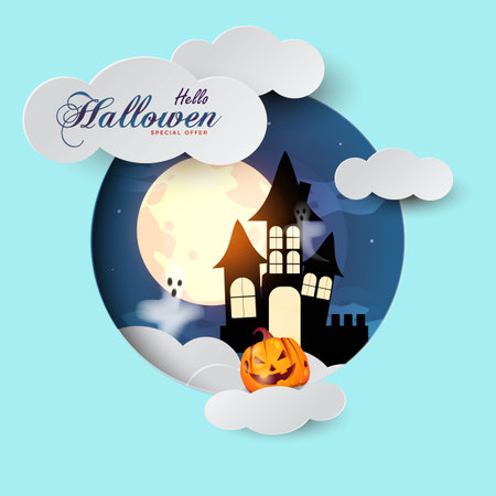 Happy halloween pumpkin with haunted house. Can be used for shopping sale, banner, invitation, website or greeting card. Vector illustrationのイラスト素材