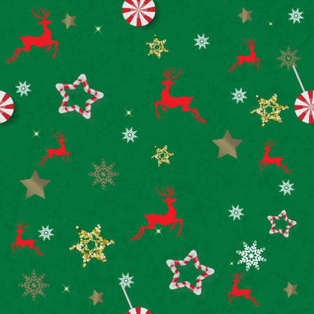 New Year and Merry Christmas seamless pattern with Christmas toys. stars and hearts. Vector illustration. Design wallpaper, fabrics, postal packaging.のイラスト素材