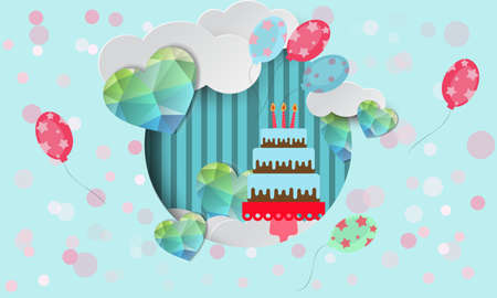 Design background Happy Birthday with hearts and clouds and cake. Vector illustration. Wallpaper.flyers, invitation, posters. Images vectoriellesのイラスト素材