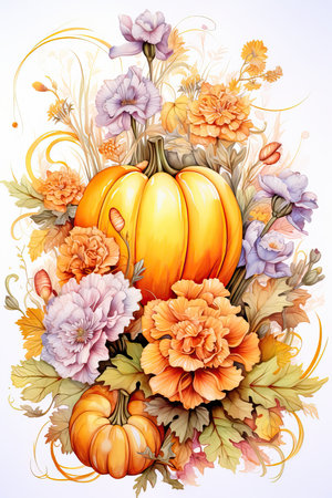 Autumn composition of pumpkins and flowers on a white background. Autumn harvest. Thanksgiving day. Generative AI.の素材