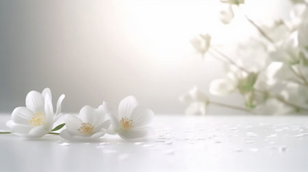Delicate white flowers and petals on the table. A beautiful still life and a bouquet on a blurred background. Bright space. A place for the description. Created with AI.の素材