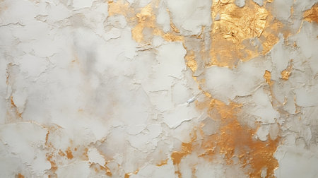 Art acrylic smear blot painting wall. White and golden abstract messy wall stucco texture background. Yellow lined decorative wall paint. White, gray and gold color canvas texture. Created with AI.の素材