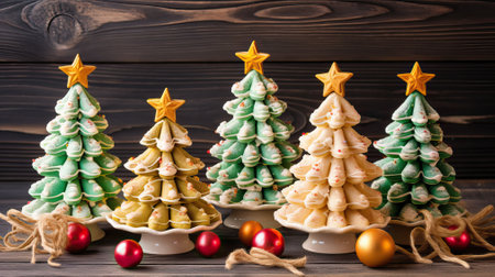 Gingerbreads in the form of Christmas trees on the plates on an oak table. Copy space above. Generative AI.の素材