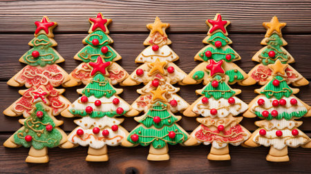 Gingerbreads decorated with green, red and white glaze in the form of Christmas trees on an oak background. Top view. Generative AI.の素材