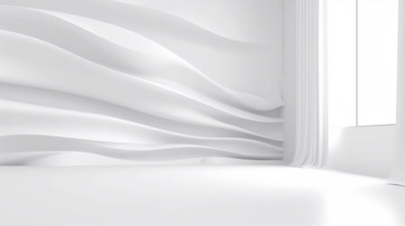 A white empty room with a wall decorated in the form of waves. Panoramic window with soft light. Space zoning. Modern minimalist interior. Created with AI.の素材