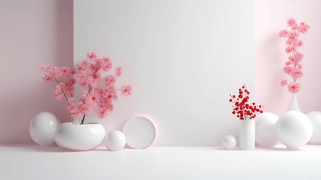 Pink and red flowers in white vases on the floor of a white room. Modern decor of layers and plates near a white wall. Valentine's Day, Mother's Day and Birthday. Created with AI.の素材