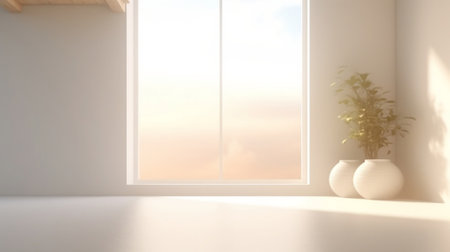White empty room with panoramic window. The golden rays of the sun flood the room with magical light. Vases with tropical plants in the corner of a cozy room. Created with AI.の素材