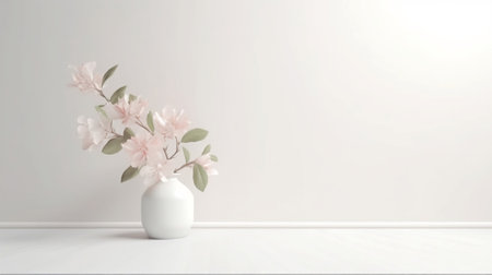 Modern minimalist room interior with white walls and floor, pale pink flowers with green leaves in a vase. Stylish space with designer accessories. Copy space for writing.の素材