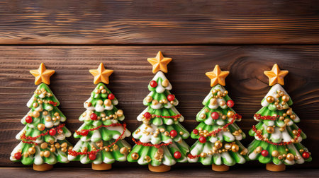 Decor in the form of Christmas trees decorated with multi-colored balls on an oak background. Copy space above. Generative AI.の素材