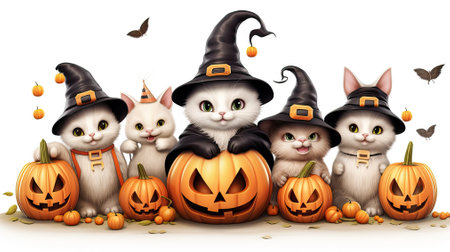 Cute kittens in black wizard hats surrounded by smiling pumpkins. Halloween party element. White background. Generative AI.の素材