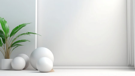 The white room in a modern minimalist style. A pot with a palm tree on a white floor. Decor in the form of white spheres of different sizes. Copy space. Created with AI.の素材