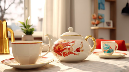 A wooden table set for a morning tea party with beautiful flowers and a tea set on a sunny day. Morning cozy home atmosphere. Generative AI.の素材