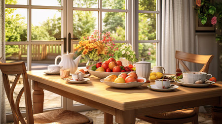 Wooden table set for breakfast with beautiful flowers and decor for eating on a sunny day. Morning atmosphere. Generative AI.の素材