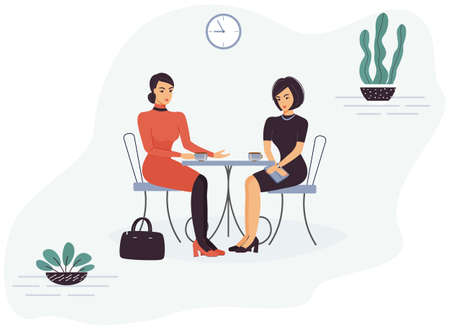 Two cute funny smart beautiful women colleagues are sitting in a cafe at a table, talking and drinking coffee or tea during break. Trendy green home plants and wall clock. Flat  illustrationのイラスト素材
