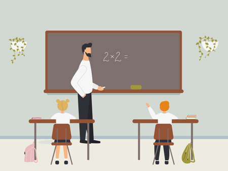 Male math teacher explaining multiplication to elementary school pupils or children near chalkboard. Young man teaching mathematics or arithmetic to kids sitting at desks in class.Vector illustrationのイラスト素材