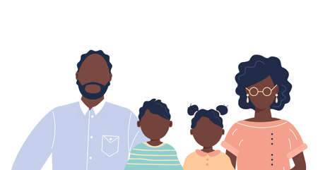 Happy cute family portrait of african-american people parents and kids: father, mother, son and daughter isolated on white background. Family of four members. Modern flat cartoon vector illustrationのイラスト素材