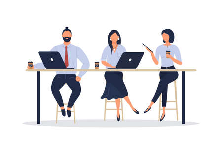 Women and man friends or colleagues sitting at desk in loft office or cafe, working at notebook and tablet, having coffee, talking.Effective and productive teamwork.Hand drawn style vector illustrationsのイラスト素材