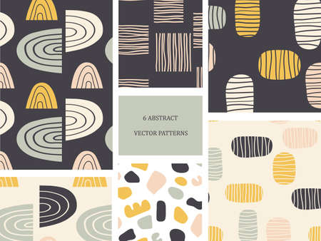Set of cute abstract seamless patterns. Endless texture for wallpaper, home textile, fabric, carpets, covers, stationery. Different shapes in hand drawn minimal style.Soft colors.のイラスト素材