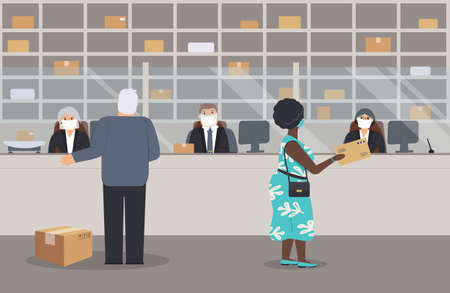Post office is open during epidemic of virus. Postal workers in protective medical masks serve customers. There are postal scales, parcels, barrier, people in PPE, shelving, boxes. Vector illustrationのイラスト素材