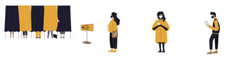 Political election process during virus epidemic. People in protective masks are in queue and voting...