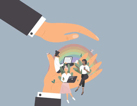 Tiny office workers sitting on huge hand under other hand as under shelter.Concept of good comfortable environment at work, favorable psychological climate and freedom of creativity for employee.Vectorのイラスト素材