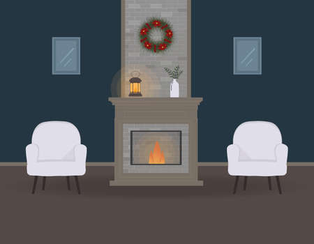 Christmas eve or noel. Cute living room with fireplace. Cozy interior with furniture and pictures.Beautiful Christmas wreath, old lamp with a candle and vaze with plants. For websites, press.Vectorのイラスト素材