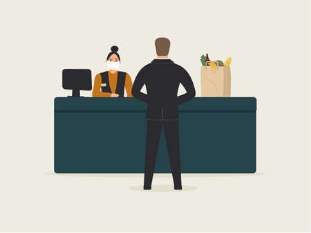 Grocery store during epidemic of virus.Cashier in protective medical mask is behind cash register serves customer businessman.Eco friendly package for purchases.Teller workplace in supermarket.Vectorのイラスト素材