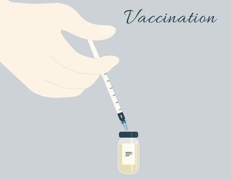 Immunization with Covid-19 vaccine at hospital.Doctor or nurse take dose of virus vaccine with thin syringe from a bottle for vaccination? Lose-up.Vaccination, vaccine prophylaxis or grafting. Vectorのイラスト素材