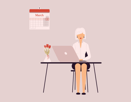 March 8 International Women's Day.Cute blonde woman in white blouse ind black skirt work on laptop.Vase with tulips on desk.Smart lady trainer, coach or accountant conduct webinar or workshop.Vectorのイラスト素材