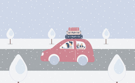 Fantasy cute winter landscape.Family car trip with suitcases.Parents and children are traveling.Trendy fashion trees in minimalist flat design style. Vector illustration.Soft colors.It is snowingの写真素材