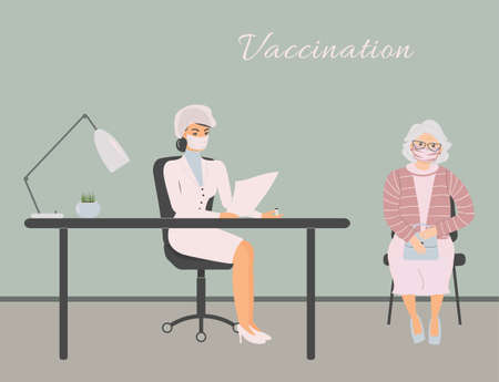 Coronavirus vaccination in doctor office. Older woman in protective medical mask wait grafting at physician cabinet. Therapist hold a bottle with dose of virus vaccine and document in hands.Vectorのイラスト素材