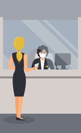Bank office is open during epidemic of virus.Employee in protective medical mask behind counter serve customer.Client stand in hall near cash register window and talk to clerk.Vector flat illustrationのイラスト素材