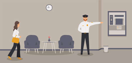 Bank office interior: businesswoman is going to ATM or cash machine. Waiting area with security guard who is pointing the way. Vector illustrationのイラスト素材