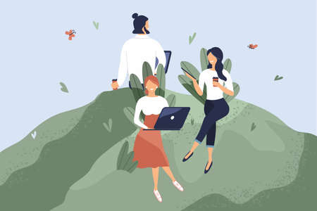 Office workers sitting on green lawn. Concept of good comfortable environment at work, favorable psychological climate, high pay and freedom of creativity for employees. Vector flat illustrationのイラスト素材