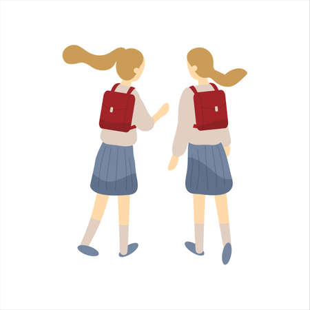Two classmates, classfellows or friends walk to school and talk or chat.Pair of girls or female students or pupils with schoolbags dressed in uniform isolated on white background.Vector illustrationのイラスト素材