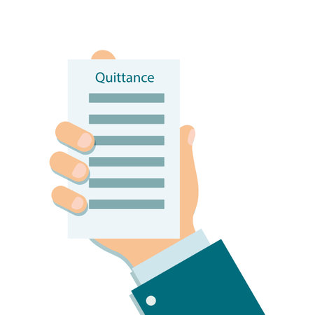 Quittance in male hand, document in businessman hand with sleeve blue shirt and suit isolated on white background. Concept of payment result or confirmation.Vector illustration for finance websiteのイラスト素材