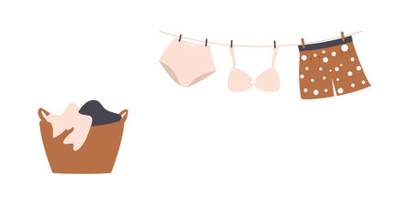 Concept of washing and drying: washed cute family underwear. Man boxers, woman bra and knickers hanging on clothesline and they are attached by clothespins.Wash basin with soap foam. Vectorのイラスト素材