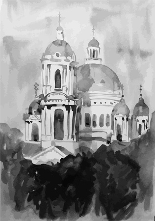 Vector hand drawn ink church. Black and white coloursのイラスト素材
