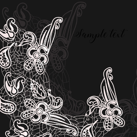 White lace on a black background. Flowers and leaves elementsのイラスト素材