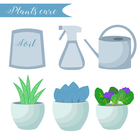 Vector set of indoor plants care icons: package of soil, flowerpots, watering pot, spray. Flat style.のイラスト素材