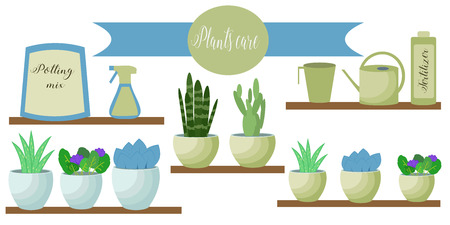 Vector set of indoor plants care icons: package of soil, fertilizer, flowerpots, measuring glass, watering pot, spray. Flat style.のイラスト素材