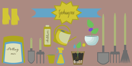 Vector set of gardening care icons: package of soil, fertilizer, flowerpots, measuring glass, watering can, spray, broom, rakes, spades, garden instruments. Flat style.のイラスト素材