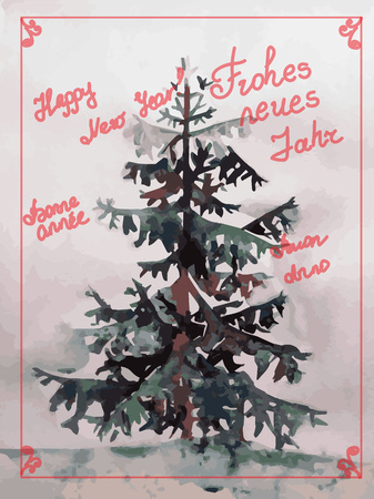 Watercolor fir tree with hand drawn text Happy new yearのイラスト素材