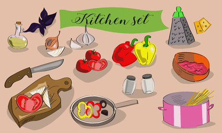 set of kitchen utensils and ingredients. Hand drawn.のイラスト素材