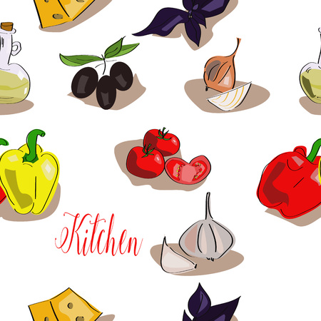 Seamless vector pattern of drawn kitchen products.のイラスト素材